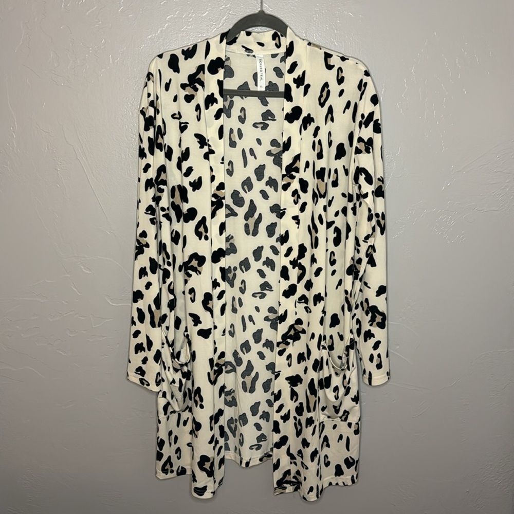 Tickled Teal Leopard Animal Print Light-Weight Open Long Stretchy Cardigan XL